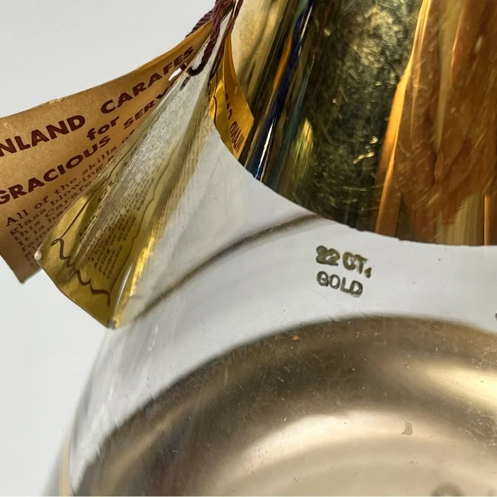 Vtg Mid-Century INLAND Glass Carafe & Warmer 22k Gold Trim Coffee‎ Pot Cork Lid